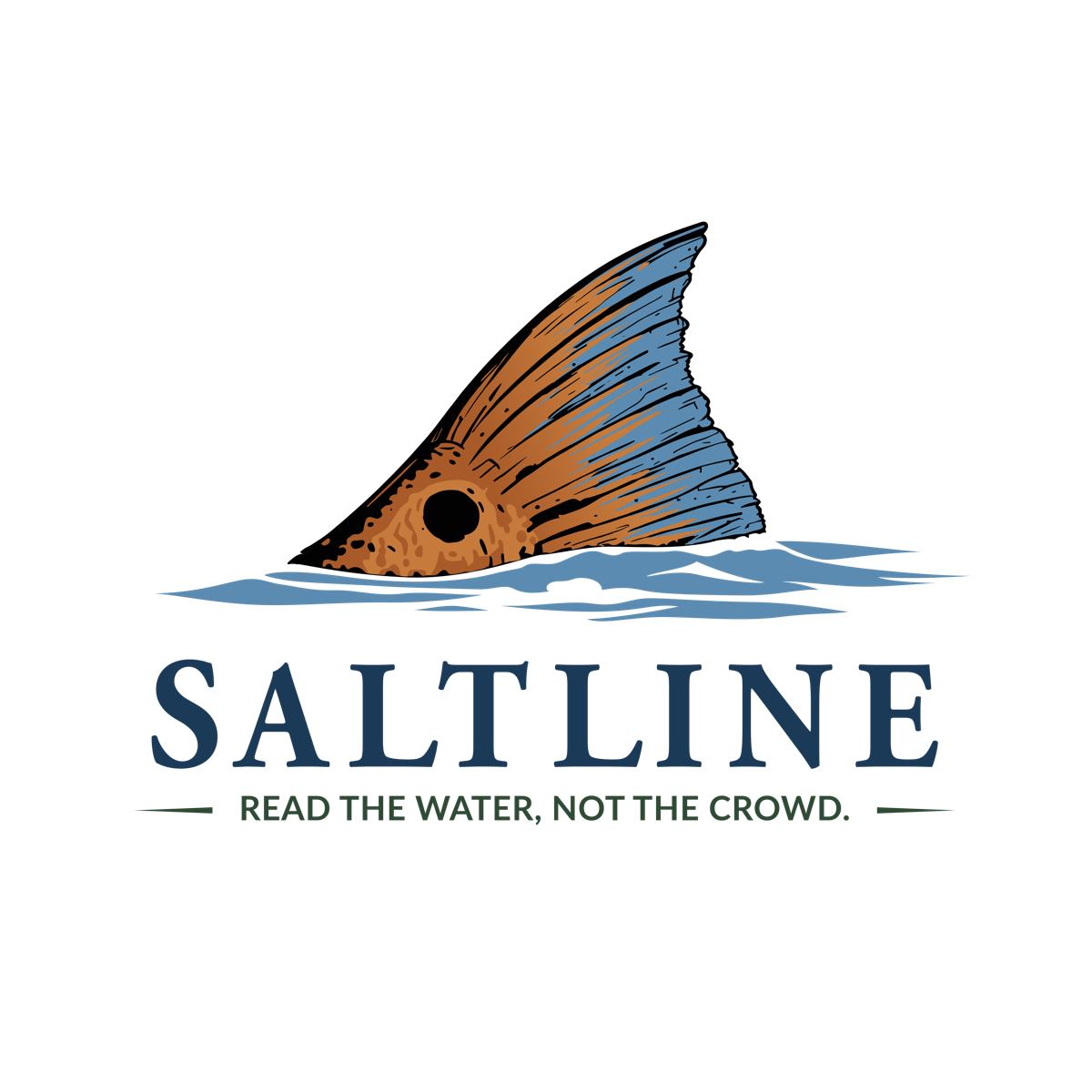 Saltline — tailing redfish logo. Read the water, not the crowd.