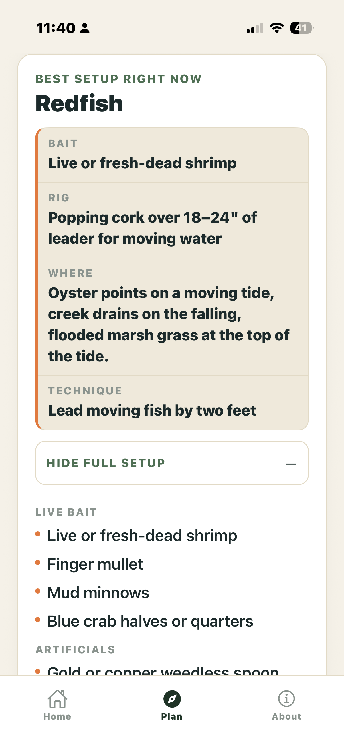 Saltline Best Setup Right Now screen for redfish, showing bait, rig, where, and technique for the current conditions