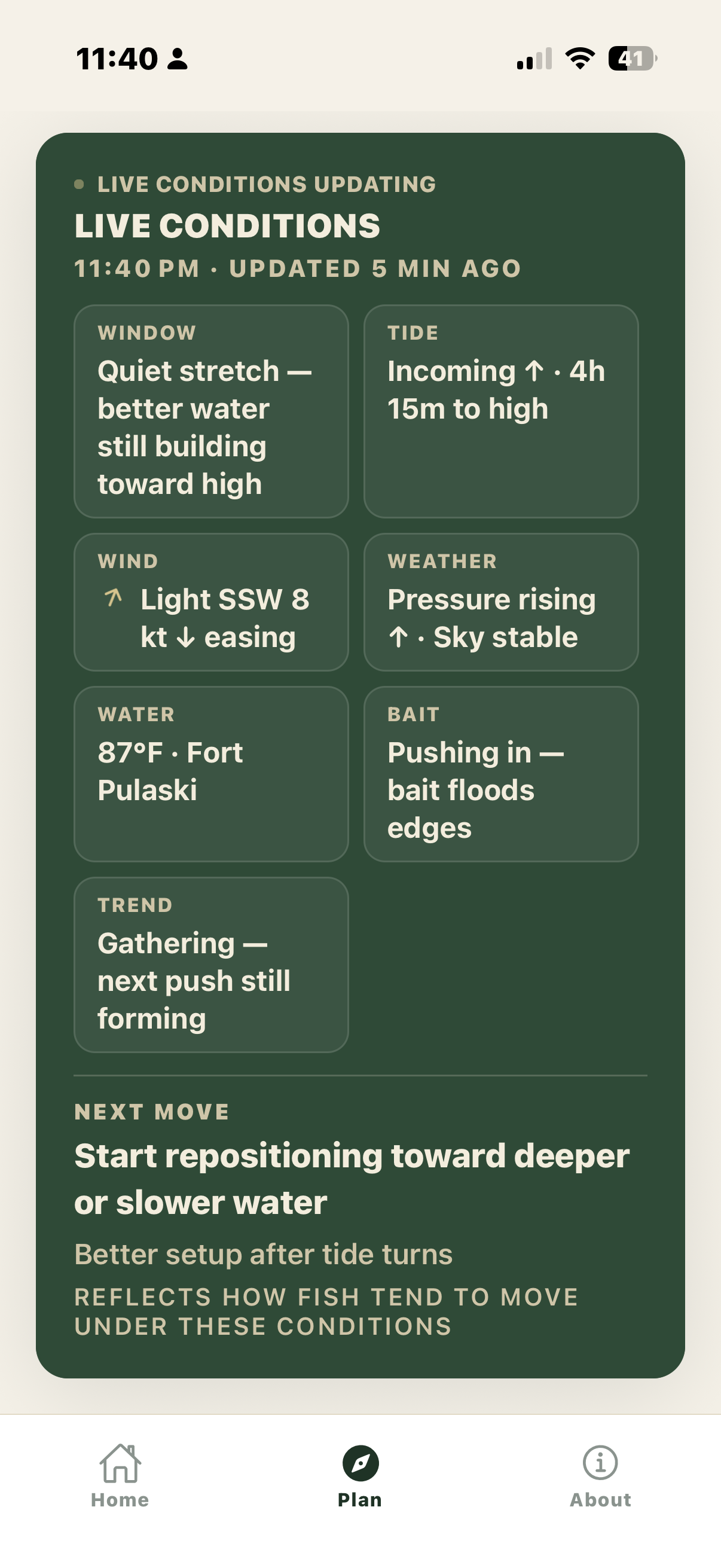 Live Conditions screen showing tide, wind, weather, water temperature, bait movement, and a suggested next move