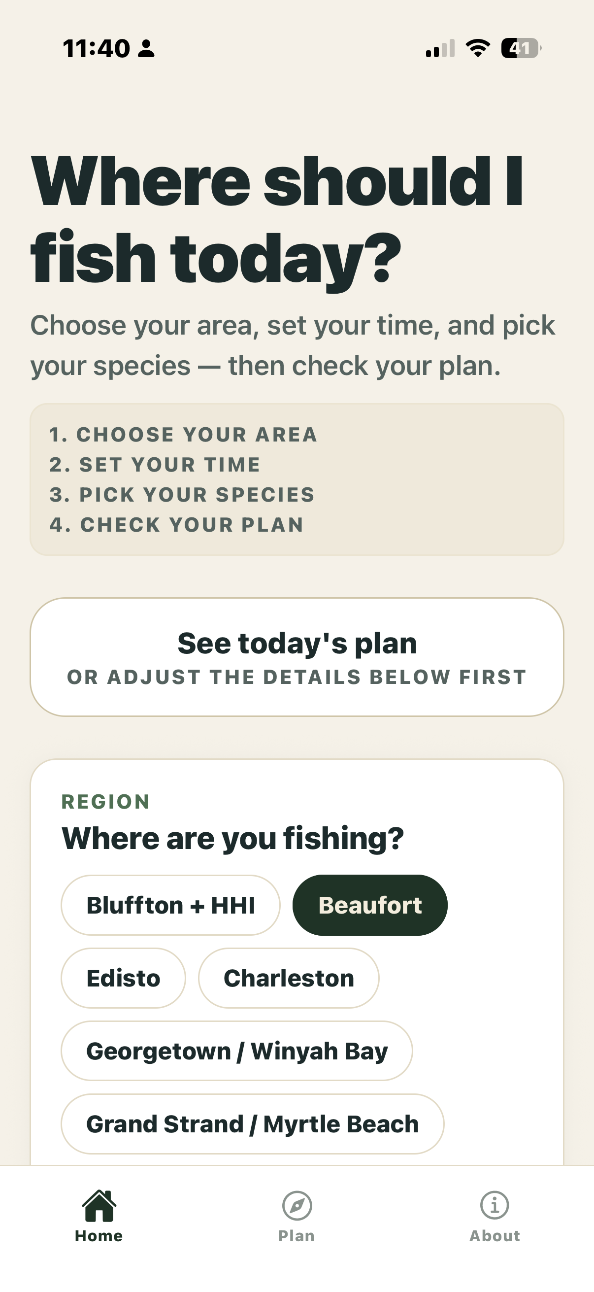 Home screen asking "Where should I fish today?" with region selection